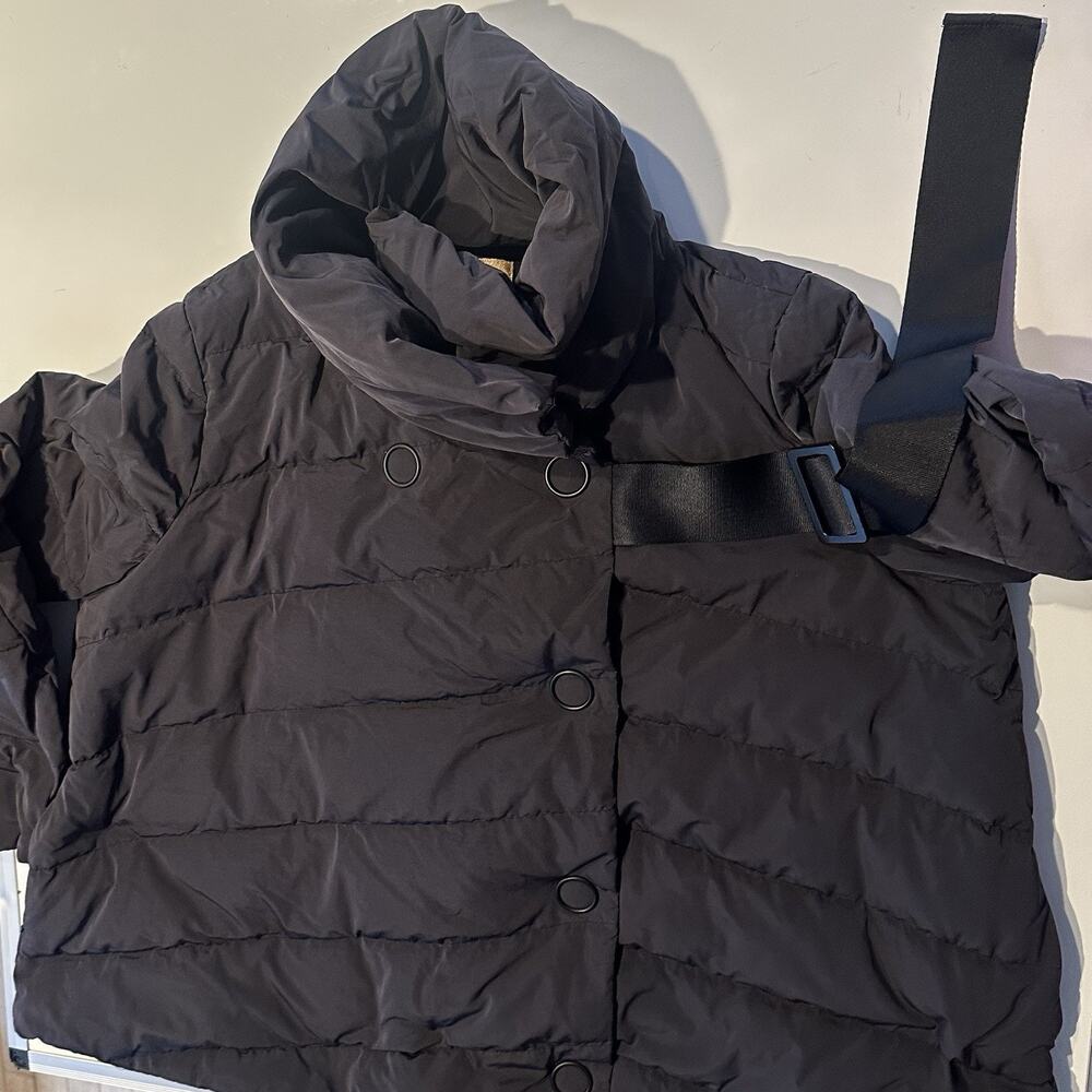 BroadCast Womens Black Quilted Belted Puffer Coat Jacket Zip Sz L Winter Cropped
